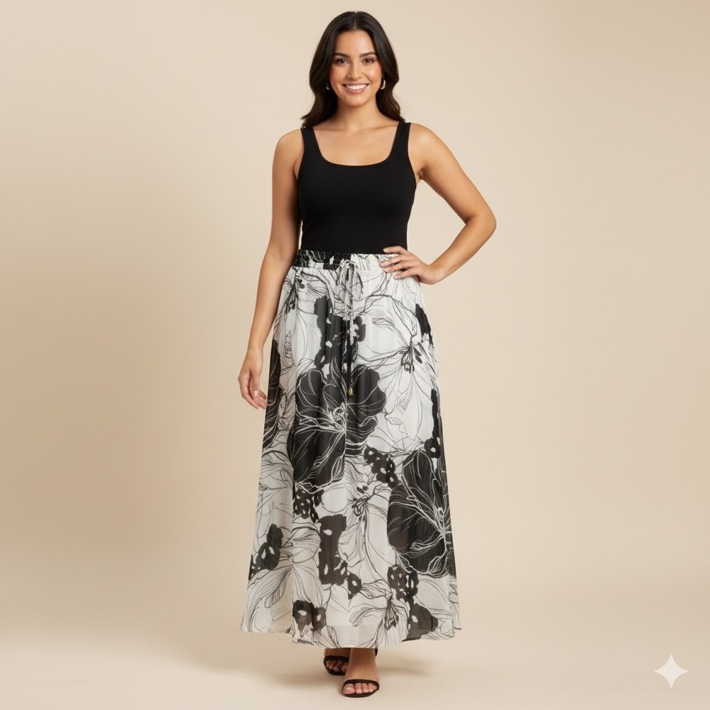 NEW Worthington A Line Skirt Women Petite Large Black White Tropical Floral